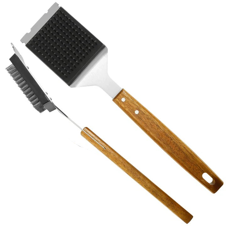 2-in-1 Grillreinigungsbürste mit Holzgriff und Metallschaber