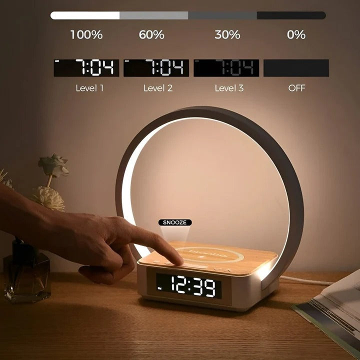 Multifunktionale Nachttischlampe mit kabellosem Laden und Digitaluhr