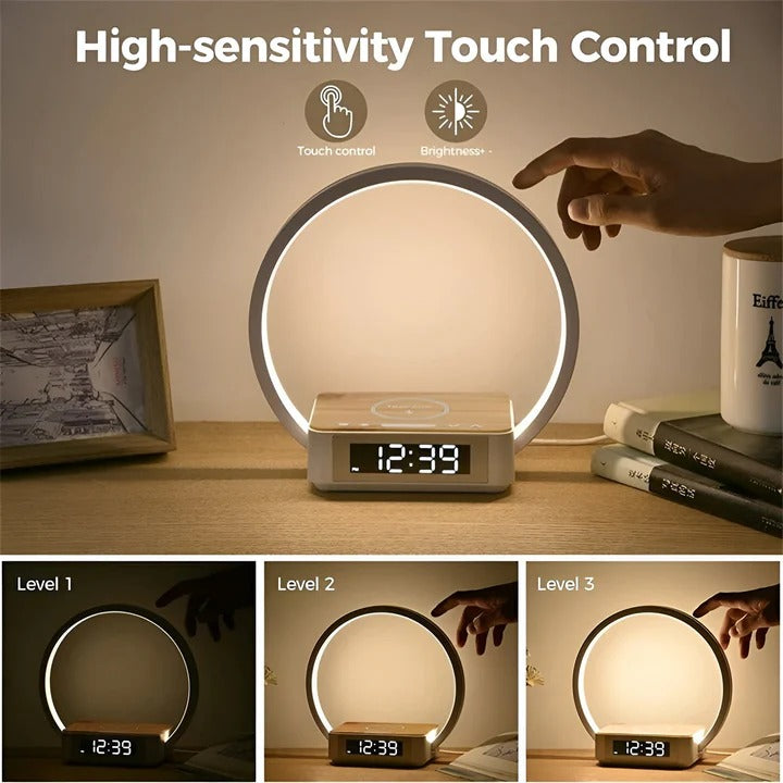 Multifunktionale Nachttischlampe mit kabellosem Laden und Digitaluhr