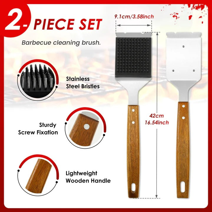 2-in-1 Grillreinigungsbürste mit Holzgriff und Metallschaber