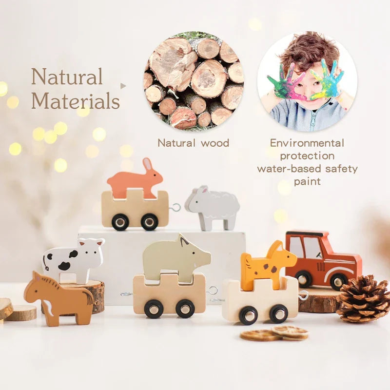 Holz-Tierzug für Kinder – Bauernhof-Spielzeug mit beweglichen Rädern