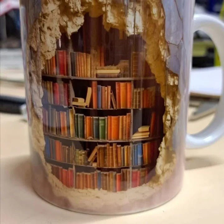 Keramiktasse im 3D Bücherregal-Design