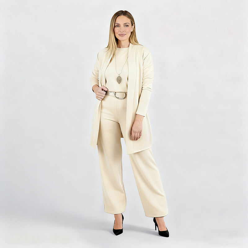 Dreiteiliges Lounge-Set für Damen: Cardigan, Top und Hose