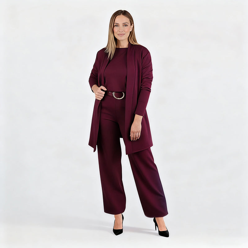 Dreiteiliges Lounge-Set für Damen: Cardigan, Top und Hose