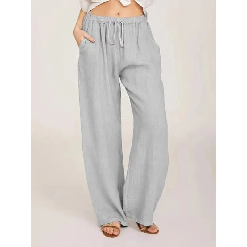 Bequeme Damen-Linenhose mit weitem Bein und elastischem Bund