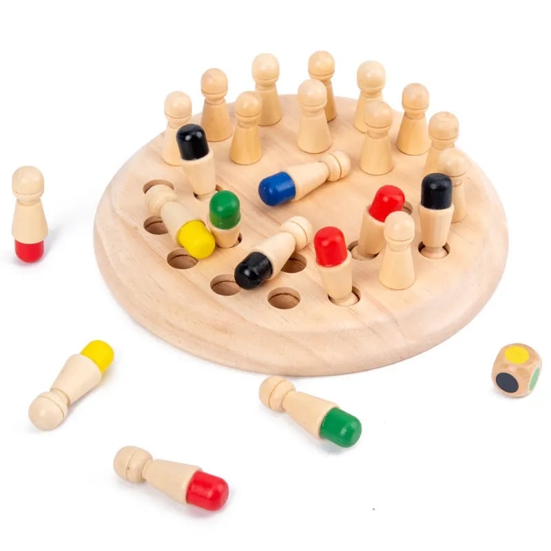 Farbenfrohes Holz-Memoryspiel mit Stecknadeln und Würfel – Ab 3 Jahren