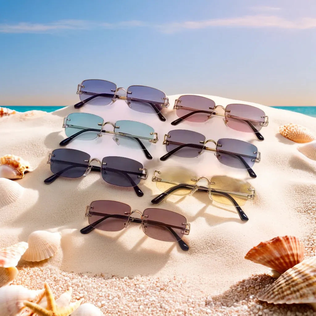 Moderne rahmenlose Sonnenbrille mit eckigen Gläsern
