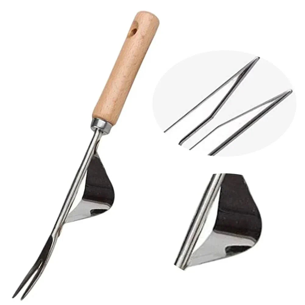 Effizienter Unkrautstecher mit ergonomischem Holzgriff