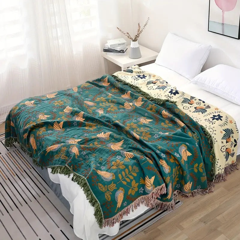 Wendbare skandinavische Decke mit Vogelmotiven | 100% Baumwolle