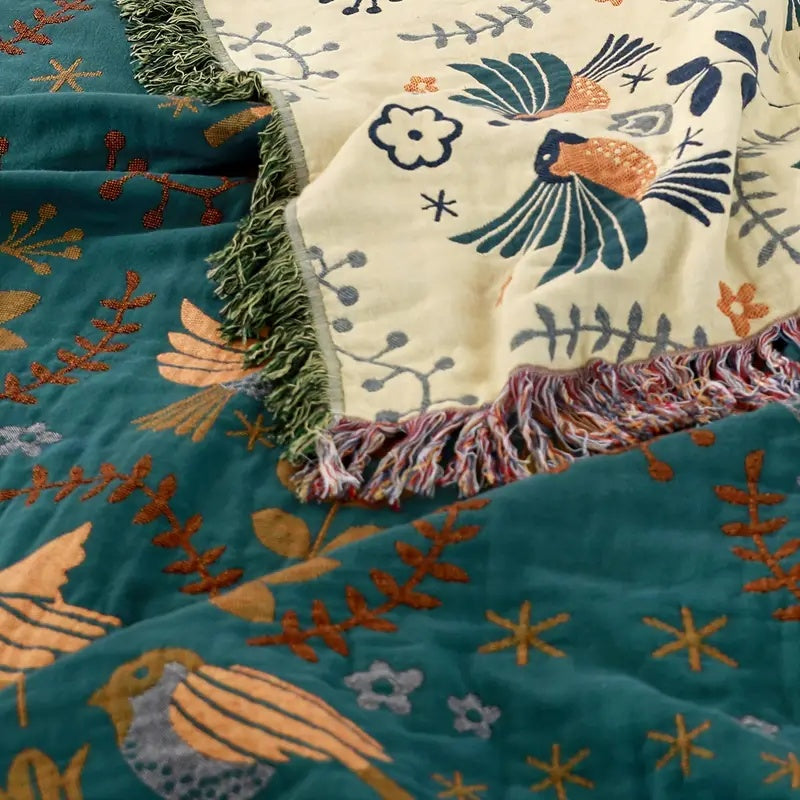 Wendbare skandinavische Decke mit Vogelmotiven | 100% Baumwolle