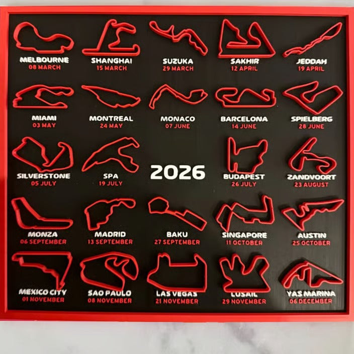 3D Printed 2026 Racing Calendar - F1 Tracks Wall Art with Display Stand