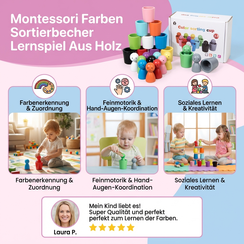 Holz Lernspiel mit Sortierbechern für Farben nach Montessori