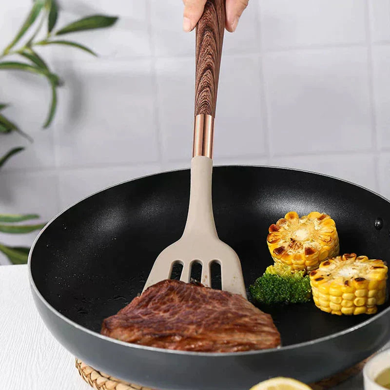 Kochtopfset Eleganza – 10-teiliges Silikon-Küchen-Set mit Holzgriff