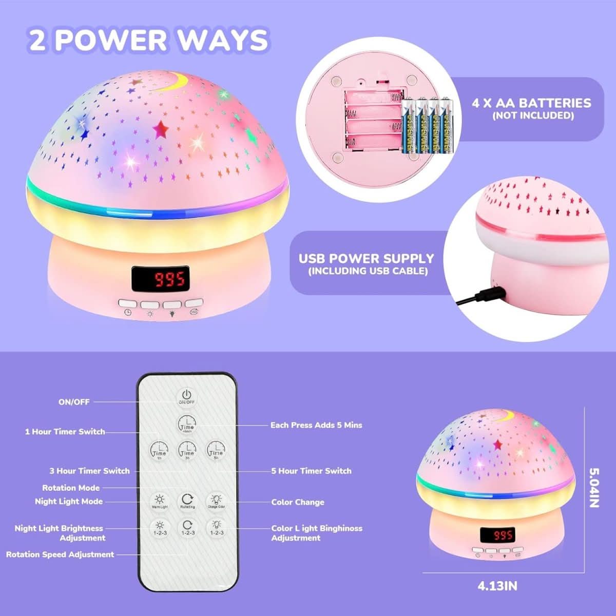 Star Projector Night Light for Kids – Magical Mushroom with Timer