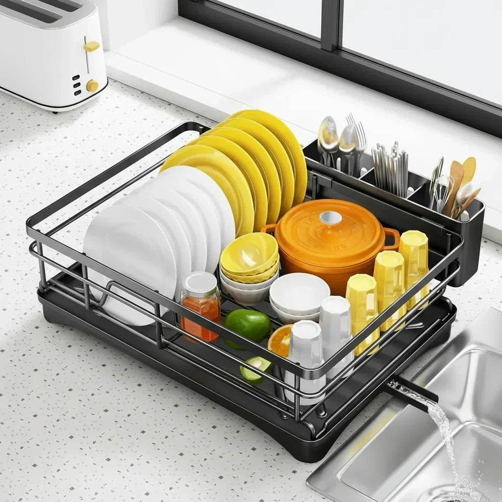 Spacious Dish Drying Rack with Built-in Drip Tray for Kitchen