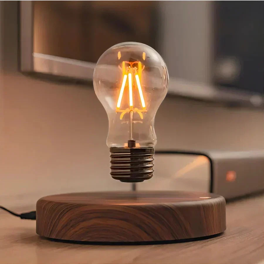 Floating Light Bulb on Walnut Stand for Home Decoration