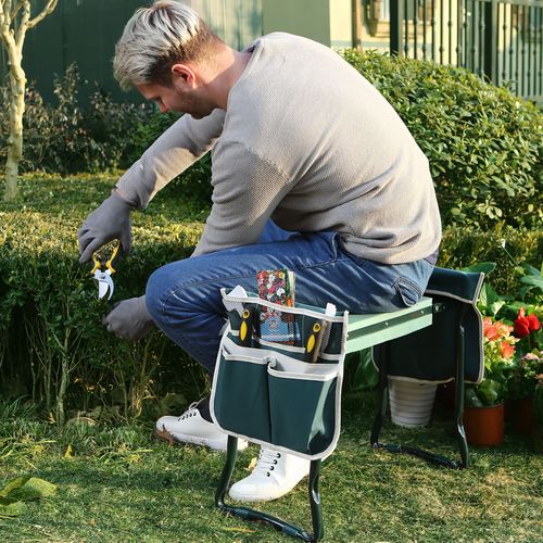 Multifunktionale Gartenbank mit Kniepolster und Werkzeugtaschen