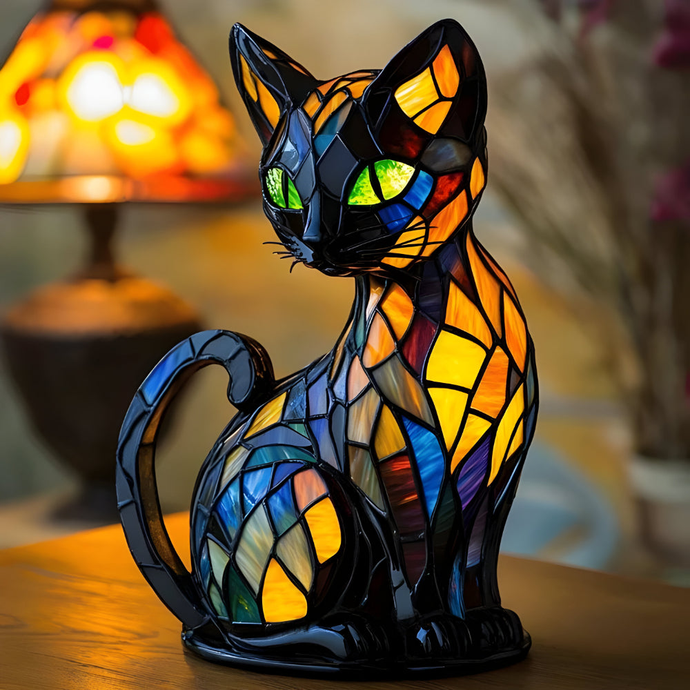 Farbwechselnde Tischlampe mit Katzenmotiv aus Glas