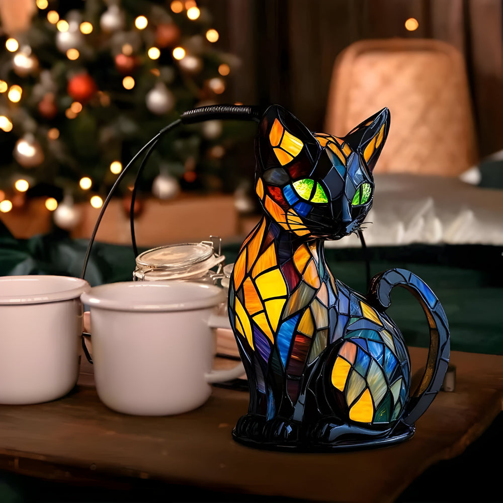 Farbwechselnde Tischlampe mit Katzenmotiv aus Glas