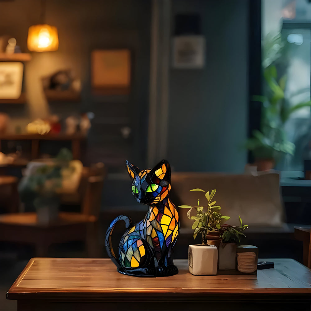 Farbwechselnde Tischlampe mit Katzenmotiv aus Glas
