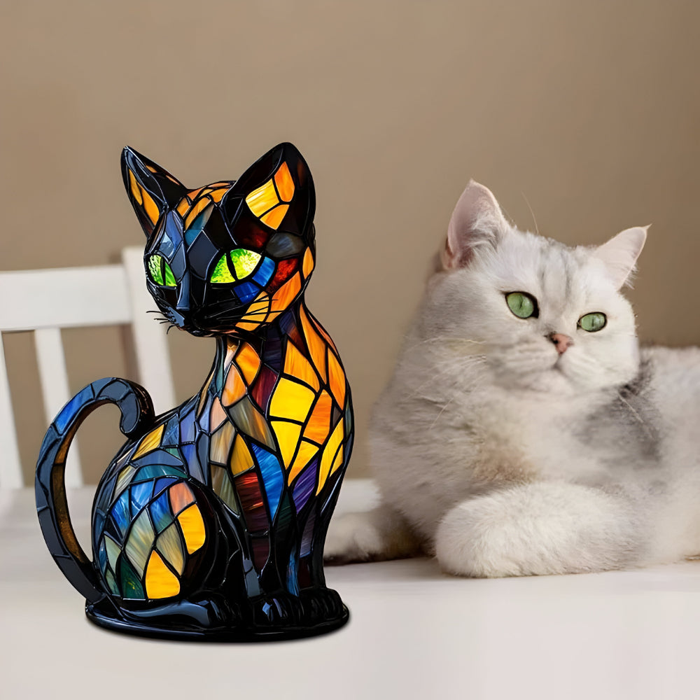 Farbwechselnde Tischlampe mit Katzenmotiv aus Glas