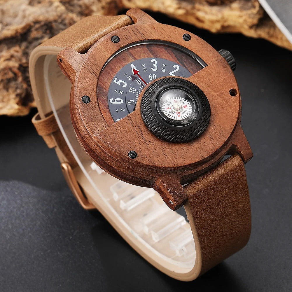 Compass Watch for Men with Leather and Wooden Design