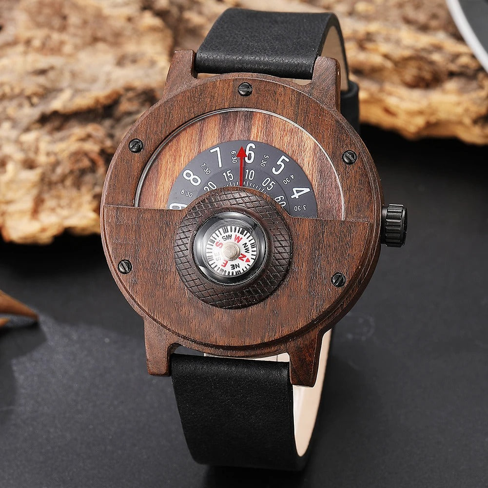 Compass Watch for Men with Leather and Wooden Design