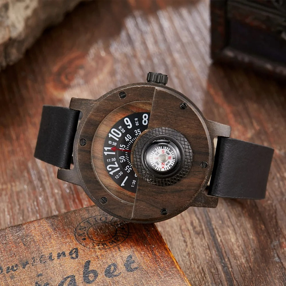 Compass Watch for Men with Leather and Wooden Design