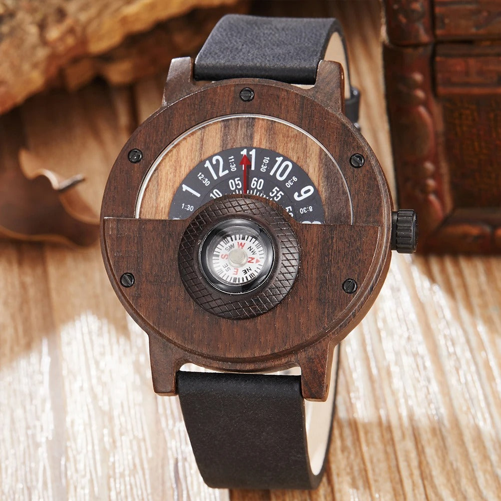 Compass Watch for Men with Leather and Wooden Design