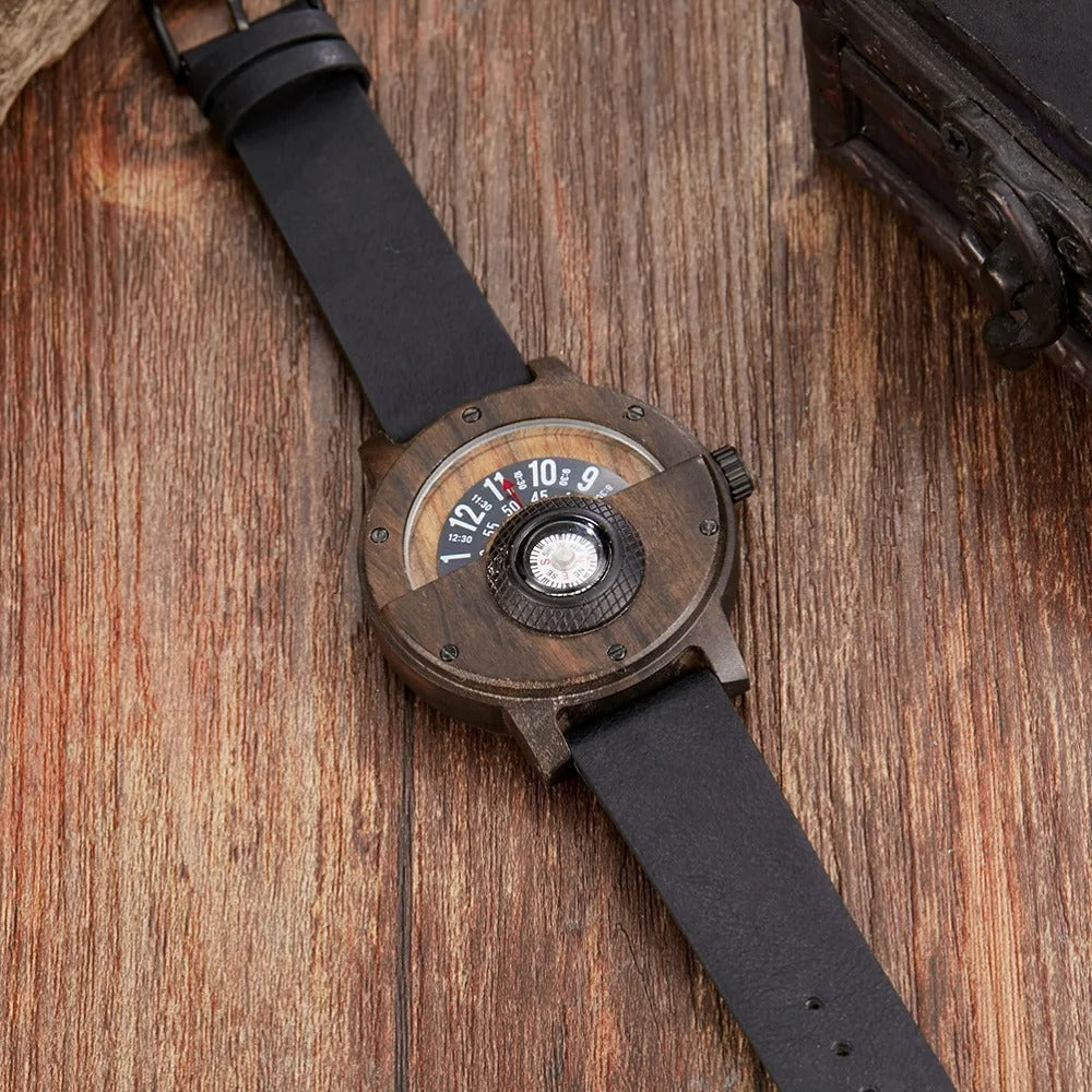 Compass Watch for Men with Leather and Wooden Design