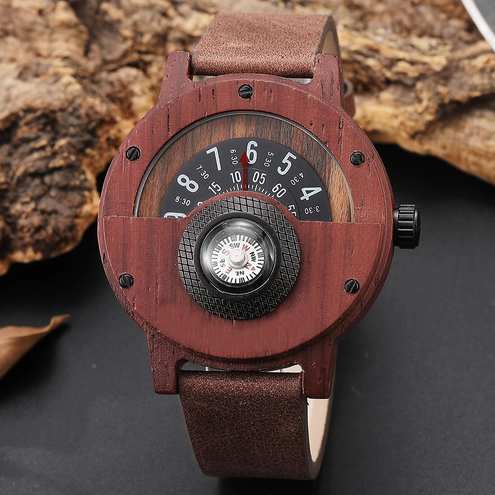 Compass Watch for Men with Leather and Wooden Design