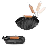 Faltbare Gusseisen-Grillpfanne mit Holzgriff für leckere Grillgerichte