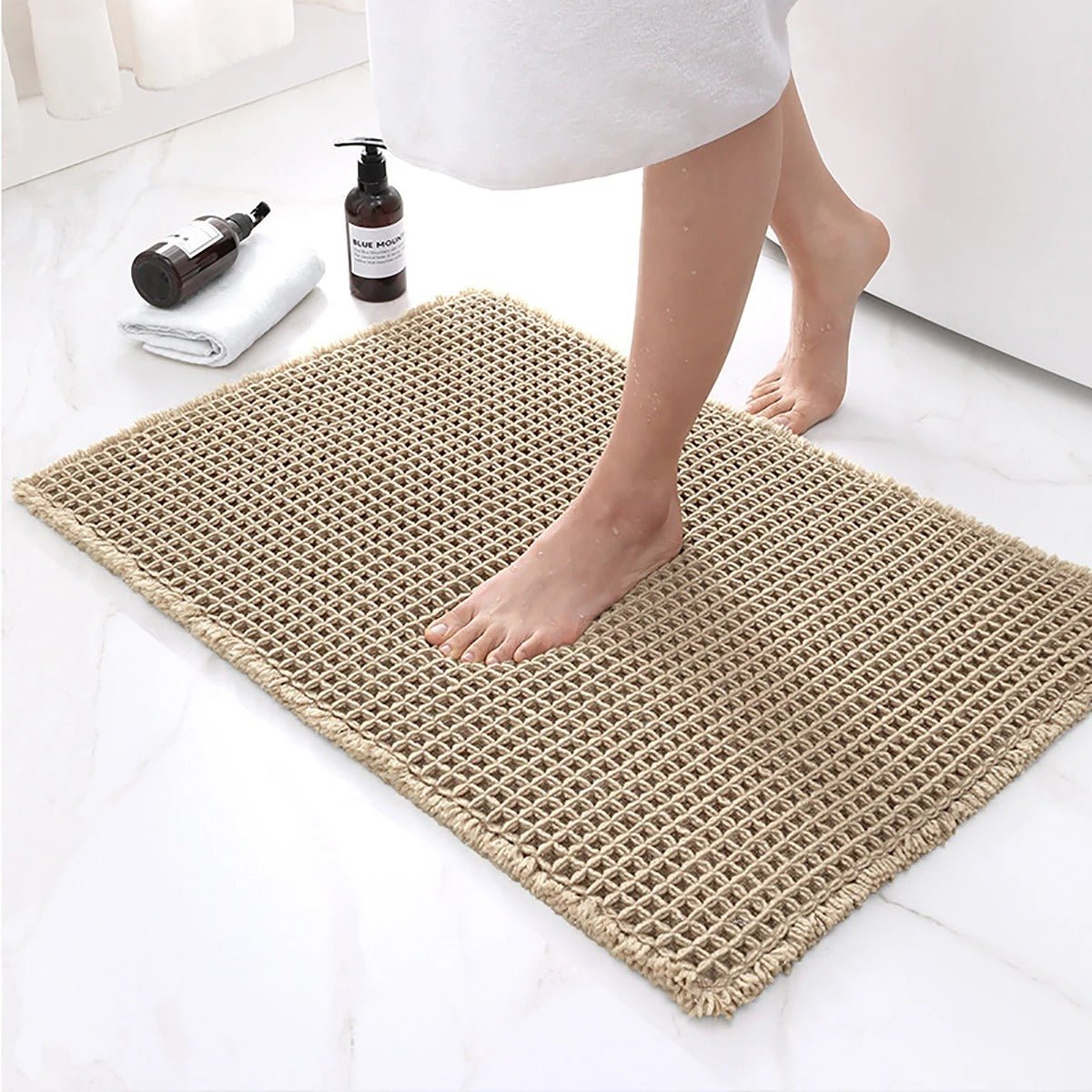 Elegant bathroom mat with non-slip backing and waffle design