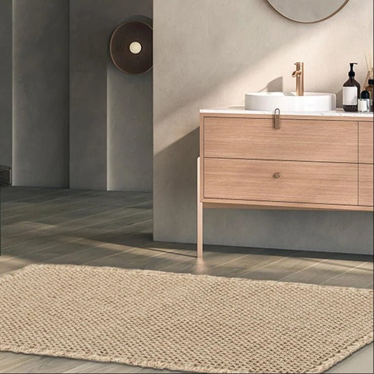 Elegant bathroom mat with non-slip backing and waffle design
