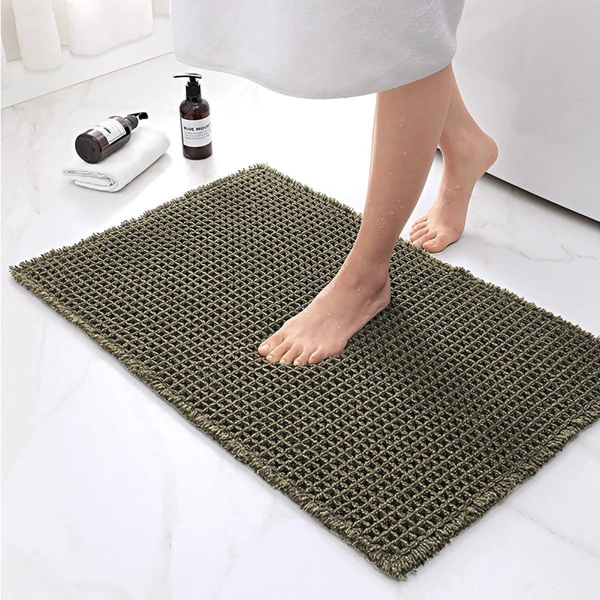 Elegant bathroom mat with non-slip backing and waffle design
