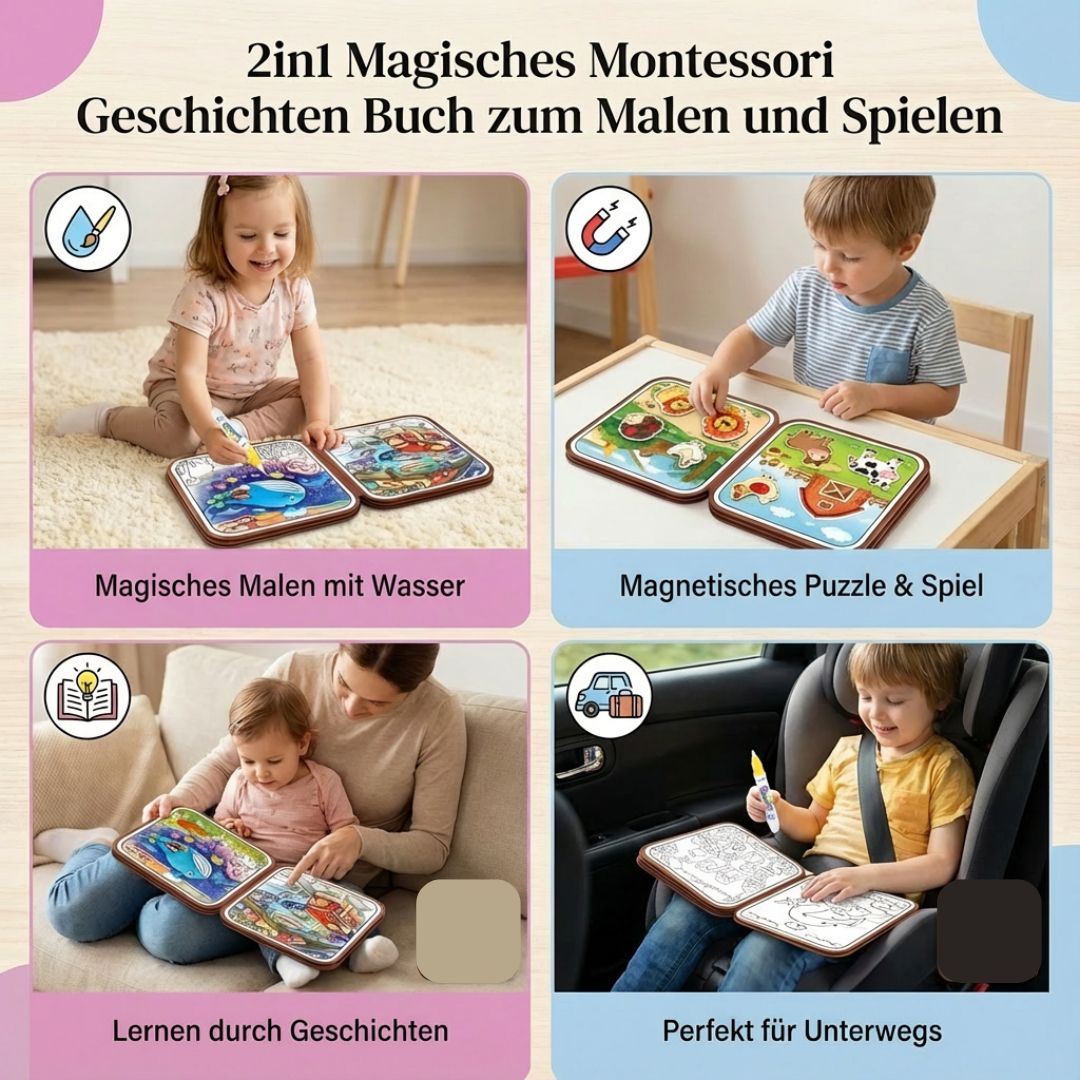 Montessori Mal- und Spielbuch – 2in1 Geschichten für Kinder