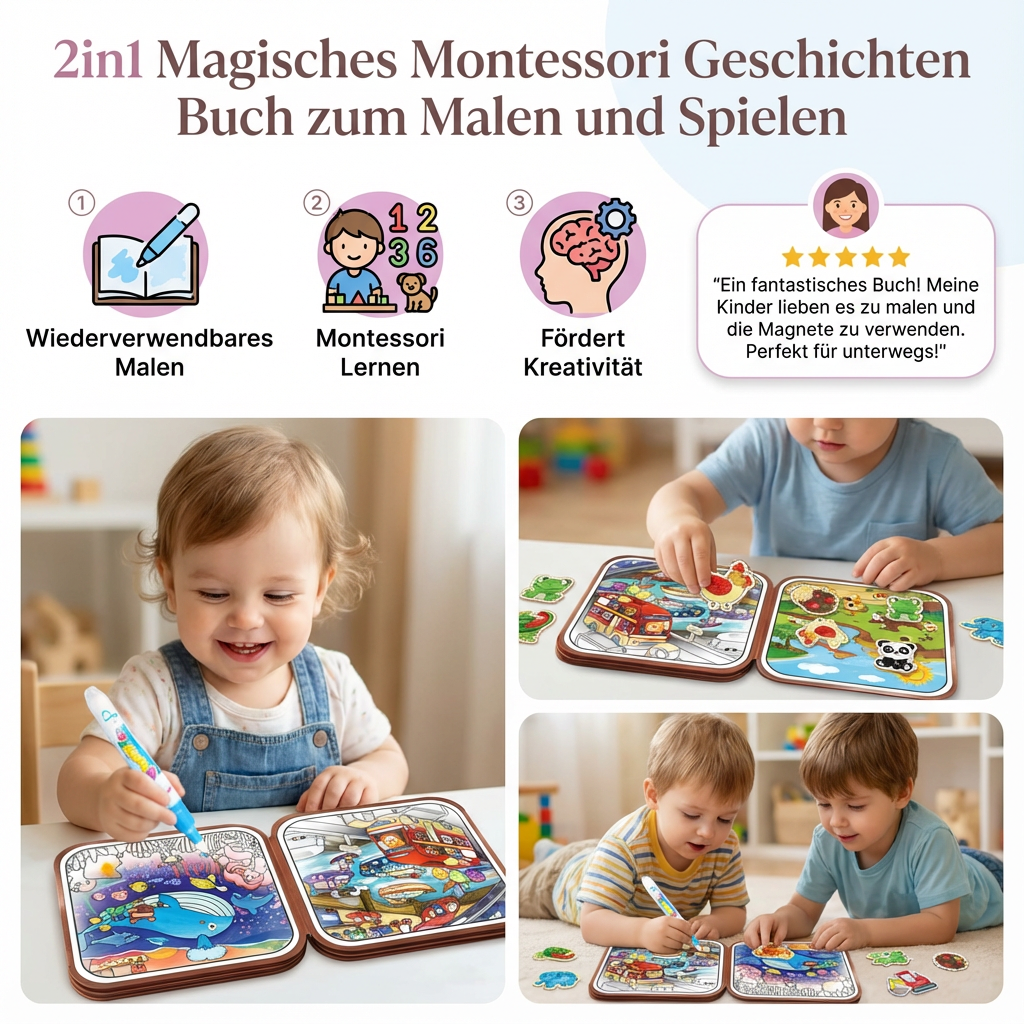 Montessori Mal- und Spielbuch – 2in1 Geschichten für Kinder