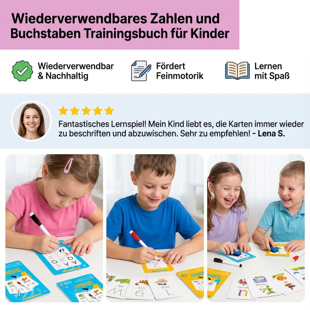 Trainingbuch für Kinder mit wiederverwendbaren Zahlen und Buchstaben