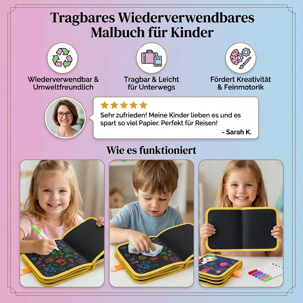Wiederverwendbares Malbuch für Kinder zum Mitnehmen