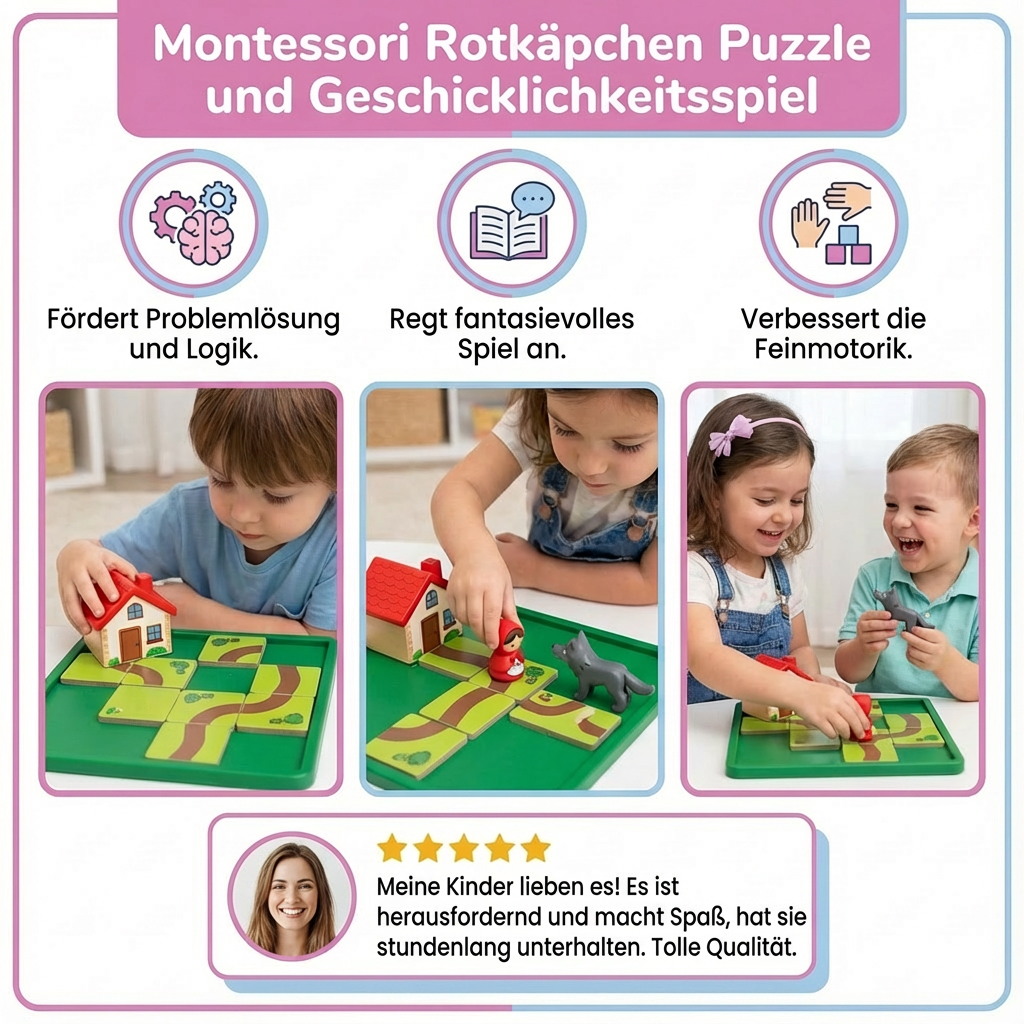 Puzzle und Geschicklichkeitsspiel mit Rotkäpchen im Montessori-Stil