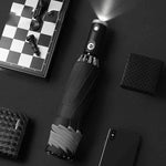 Weatherproof LED umbrella with reflective details and inverted design