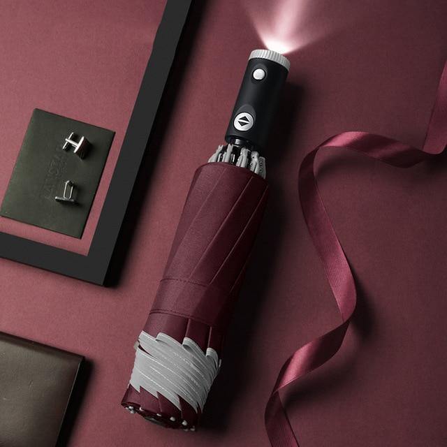Weatherproof LED umbrella with reflective details and inverted design