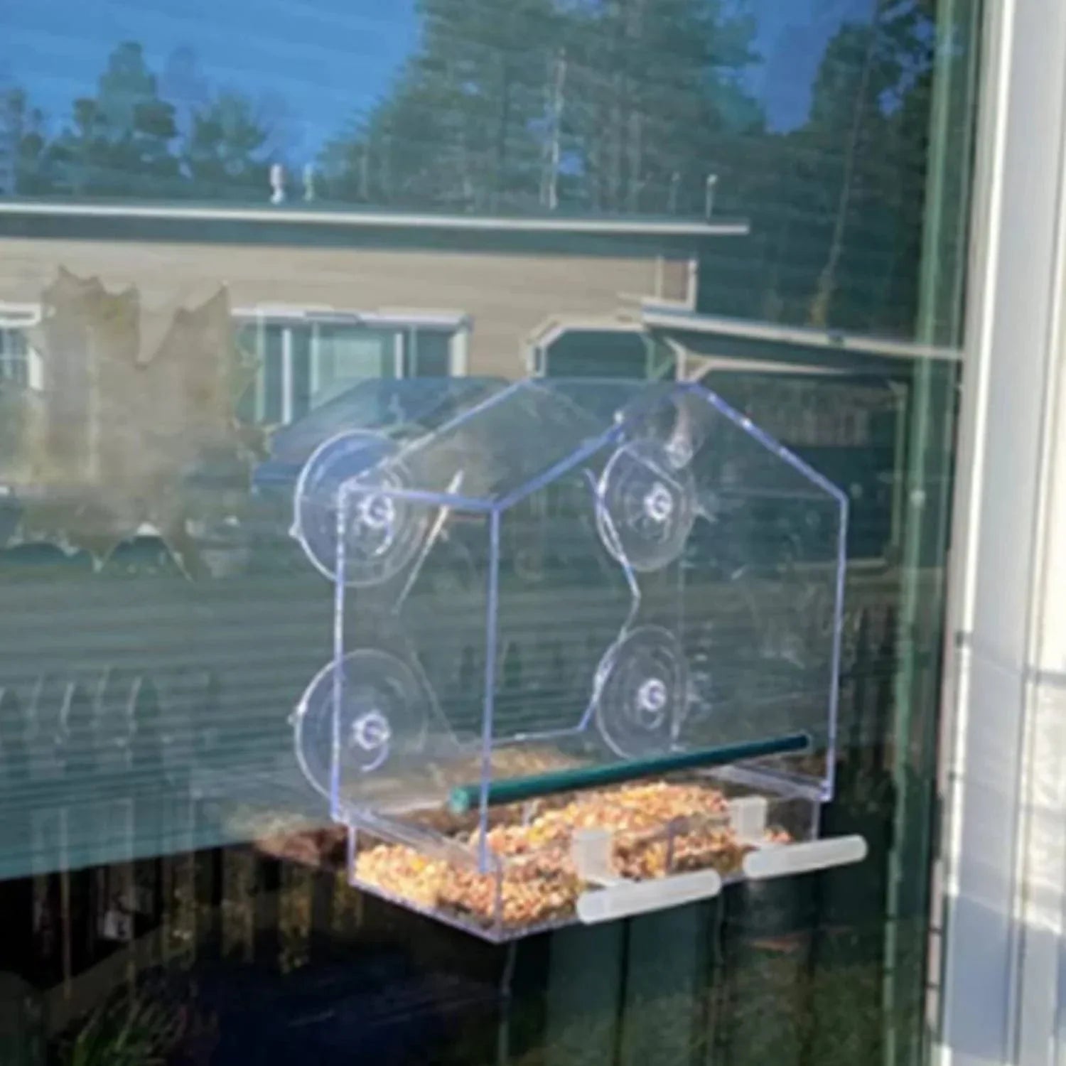 Vogelfutterhaus aus klarem Acryl mit Saugnapf – Hängendes Futtertablett