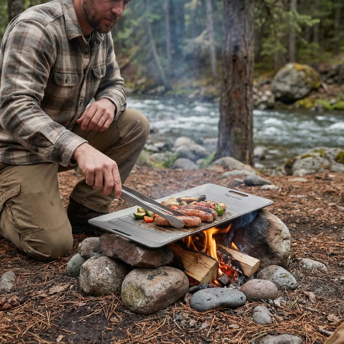 Camping Grill Plate with Ridges and Tongs - Portable Cooking Set
