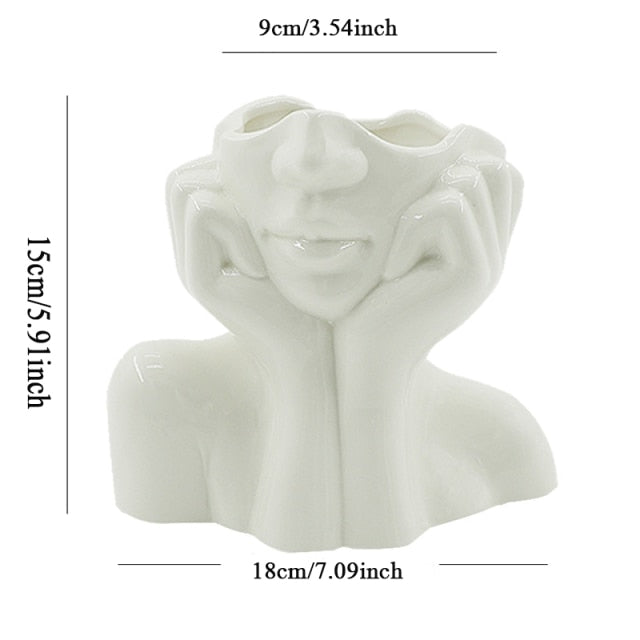 Keramische Blumenvase mit abstraktem menschlichen Gesicht