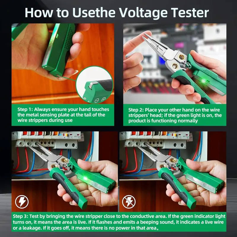 8-in-1 Wire Stripping Tool with Voltage Tester and LED Alert