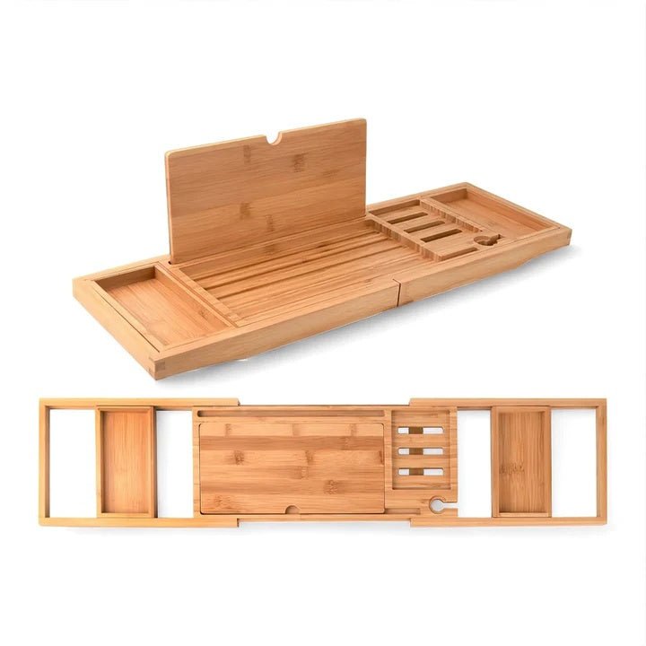 Elegant, Extendable Bamboo Bath Caddy with Wine Glass Holder