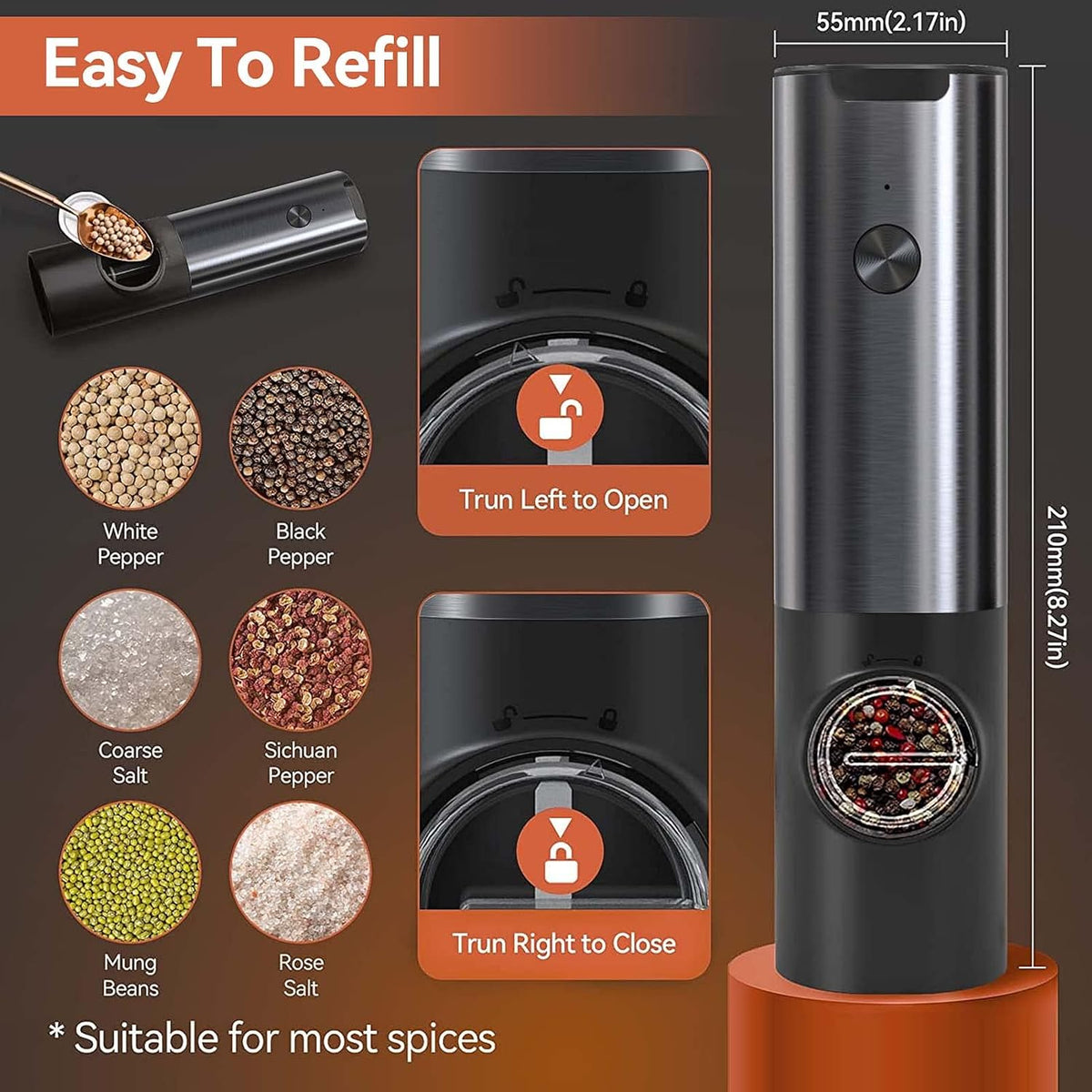 Electric Salt and Pepper Mill Set - Rechargeable Grinders