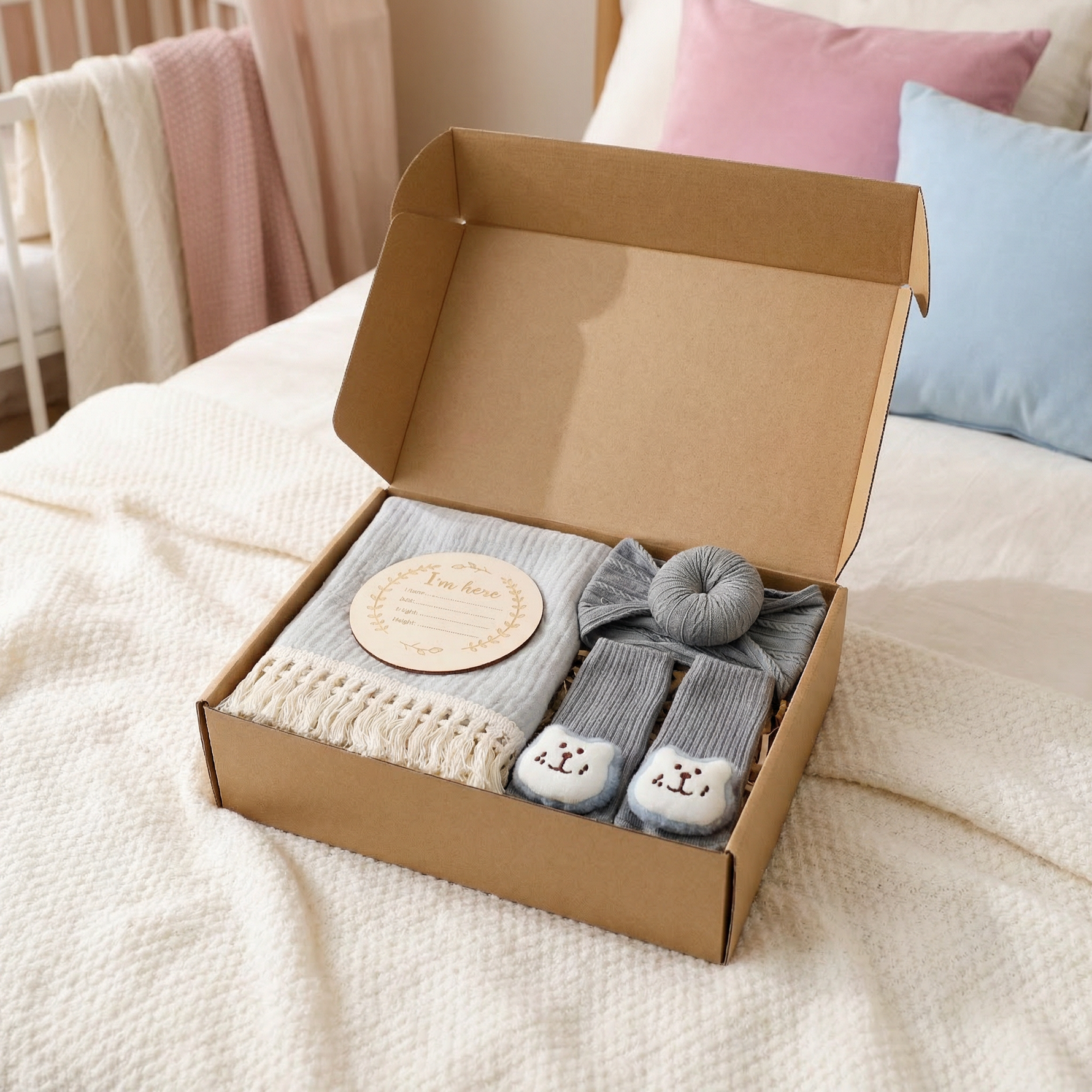 Geschenkset für Babys – Handtuch, Socken oder Haarband & Badebürste