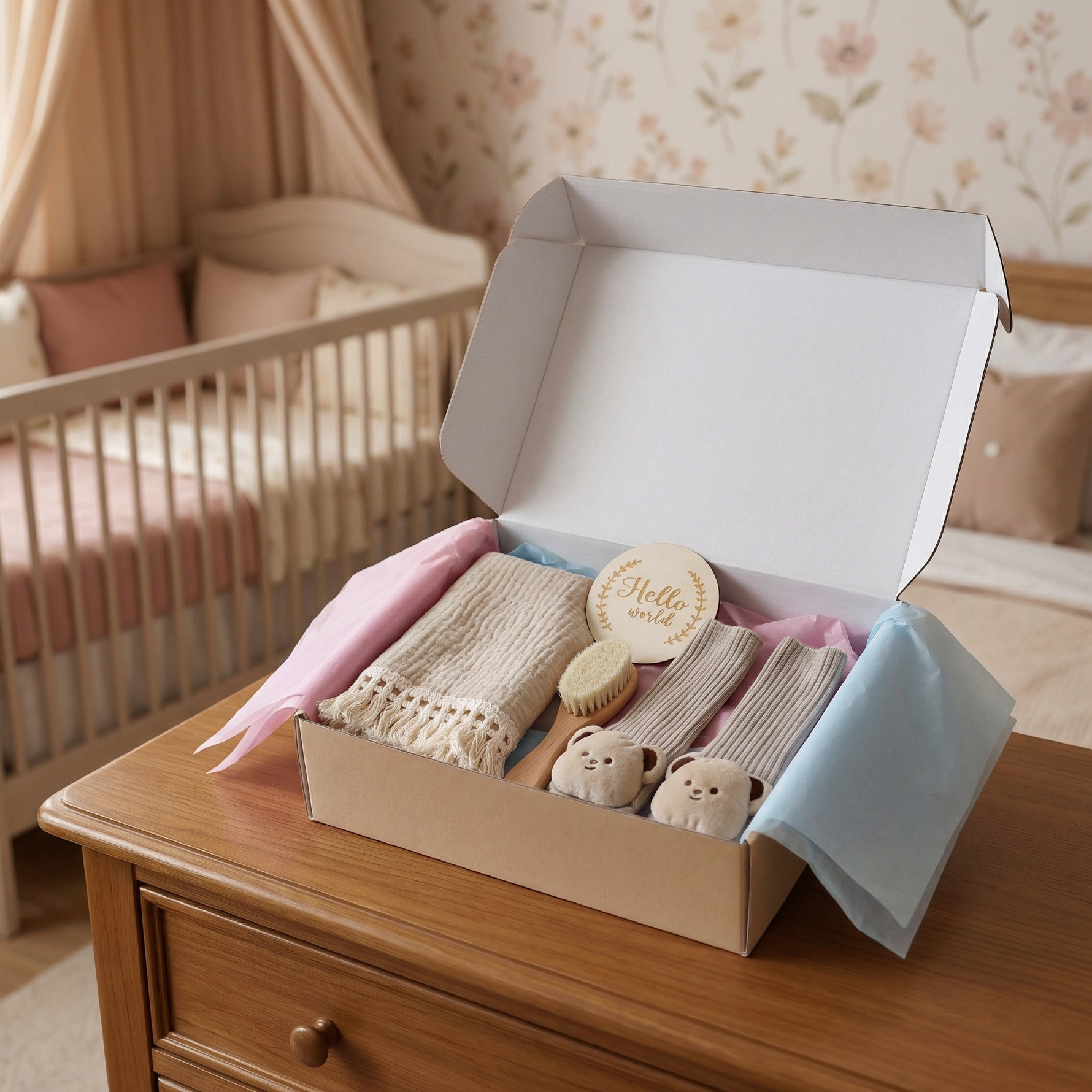 Geschenkset für Babys – Handtuch, Socken oder Haarband & Badebürste